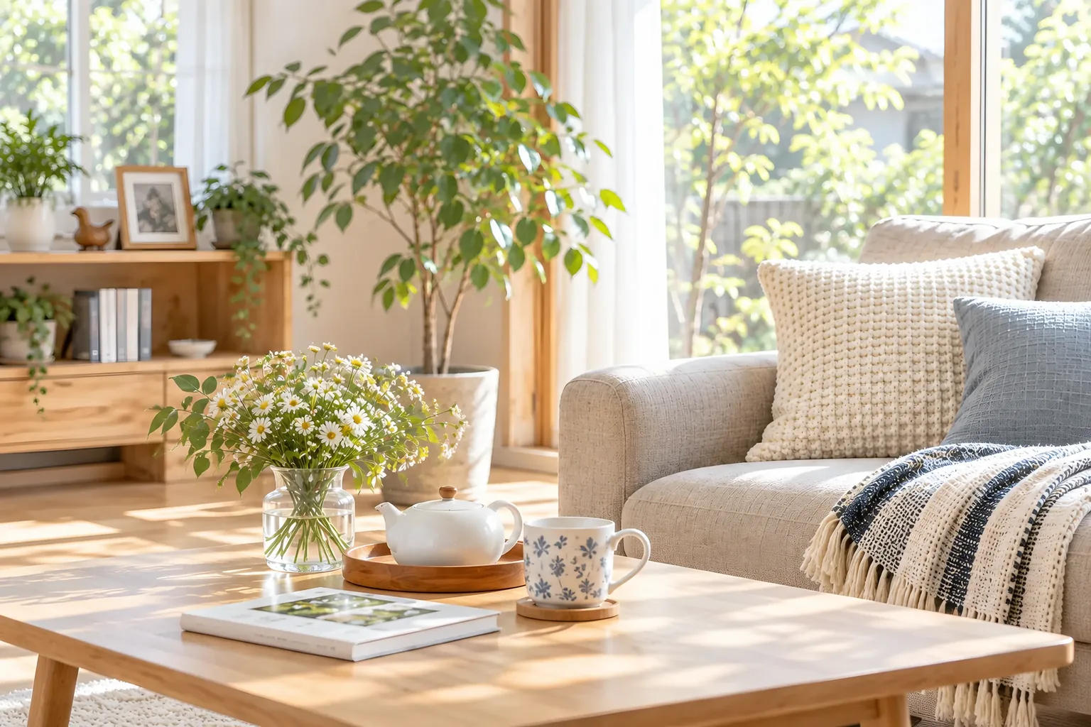 陽の光が差し込むリビング。木のテーブルに花とお茶、窓辺にソファ。